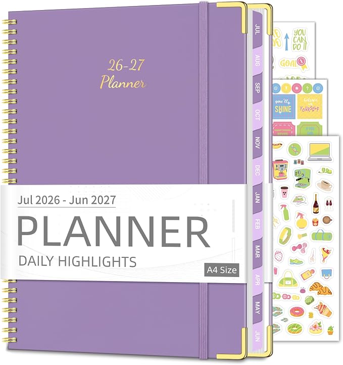 Academic Planner 2026-2027, 8.5" x 11", Hardcover Weekly Planner, Purple | Calendar Planner July 2026 - June 2027, Agenda Book with Tabs, Inner Pocket and Sticker for Office & School, A4