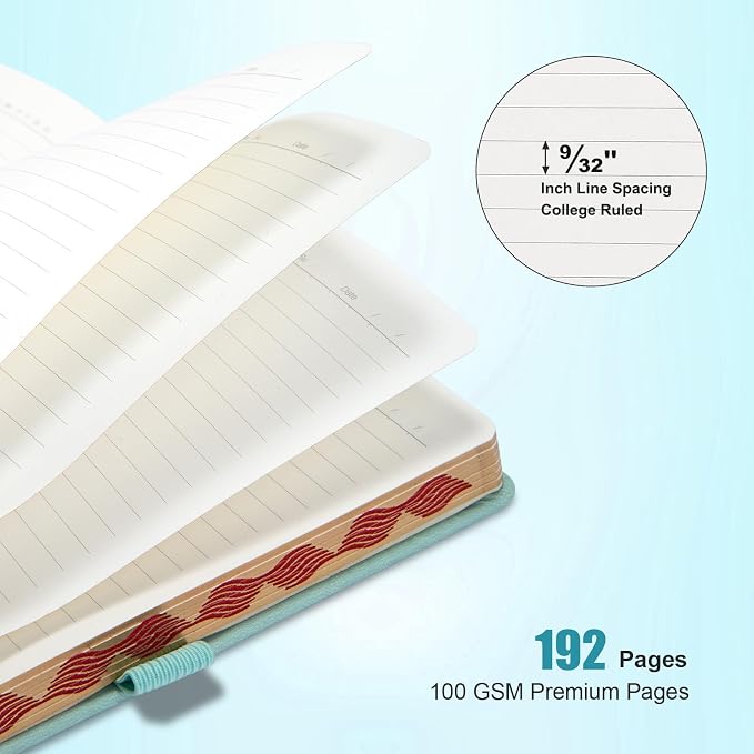 Comix Aesthetic Lined Journal for Women, 192 Pages, 100GSM Paper, Pretty Leather Journal Notebook for Writing, A5 Cute Hardcover Notebook for Work Home School, 5.5" x 8.3", Mint Green, Leaf Motif