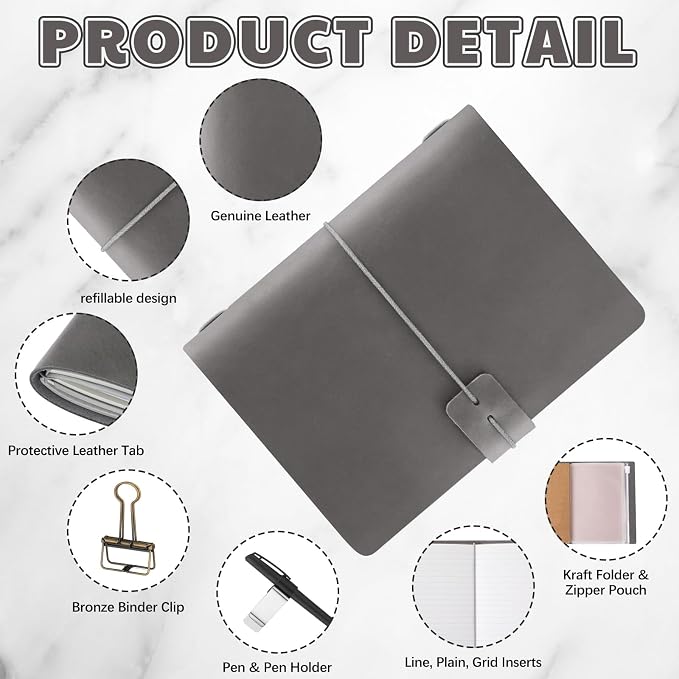 Thenshop Travelers Refillable Leather Journal Notebook Travel Diary Handmade Passport Travelers Journal for Men and Women with 3 Notebook Inserts, Pen Holder, Binder Clip(Gray,Passport Size)