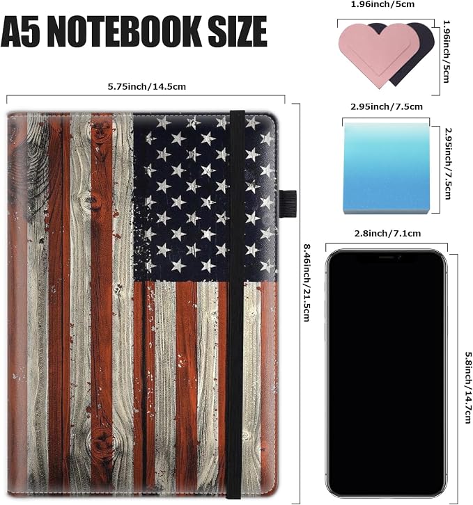 Hardcover Executive Notebooks, A5 PU Leather Lined Journal Notebook, 200 Pages Thick Paper Subject Notebooks for School,Work,Home Writing Business Notebook, Diary Book ，American Flag