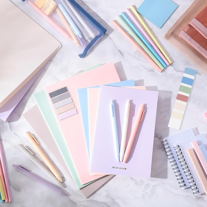 Colarr 54 Pcs Aesthetic College School Supplies Back to School Set,Macaron | 3 A5 + 3 B5 Lined Notebook, 12 Gel Pen, 12 Pencil, 12 Highlighter, Sticky Tabs, Folder Storage Bag, Journal Stationery Set