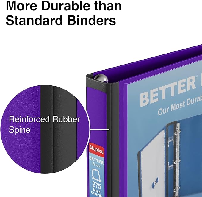 Staples 1-Inch 3-Ring Better Binder, Durable View Binder for Office & School Organization, Purple, 3-Pack