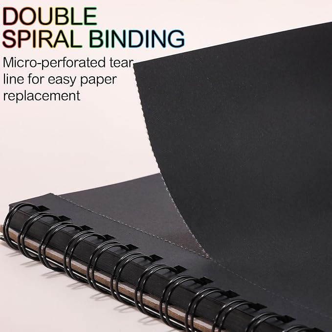 Black Paper Sketchbook 2 Pack, 9 × 12 in, 100 Sheets, 160gsm Spiral Bound | Acid-Free 108 Lb Black Paper, Left Spiral Tear-Out Pages, Hardcover for Drawing, Chalk, Gel Pens And Mixed Media