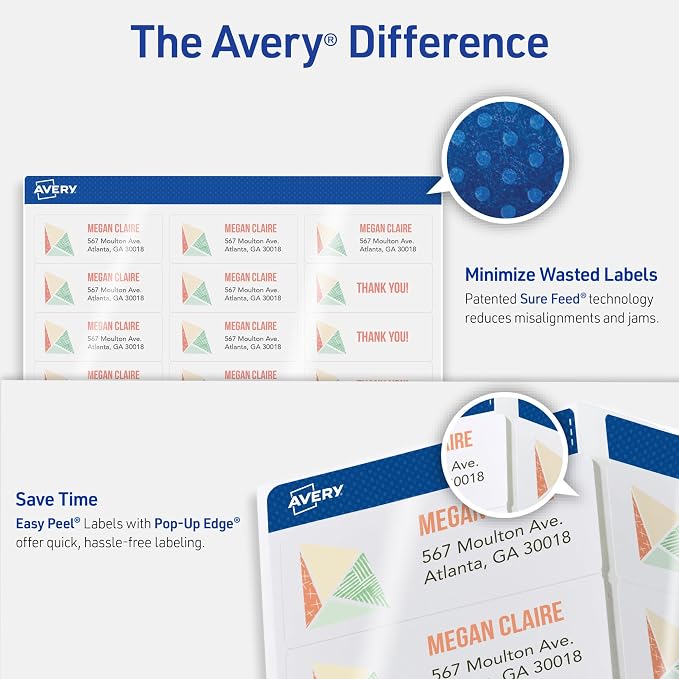 Avery Printable Return Address Labels with Sure Feed Technology, 2/3" x 1-3/4", White, Laser & Inkjet Compatible, 600 Blank Labels Total, Great for Mailing, Branding, and More (18294)