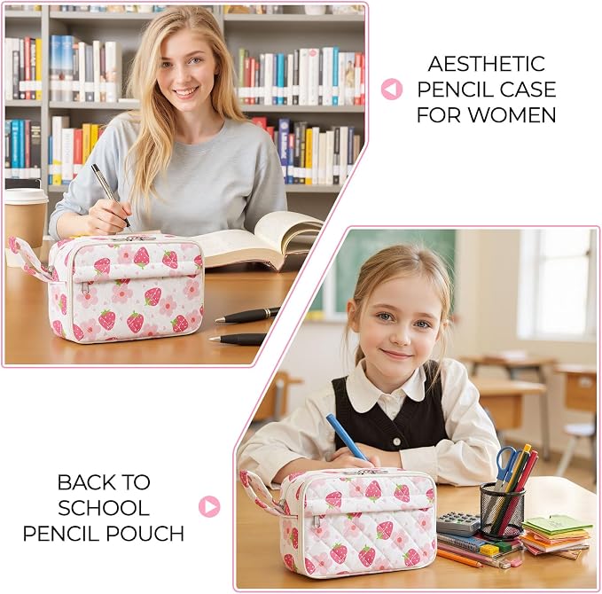 WOBAGMEN Quilted Pencil Pouch for Women, Large Capacity Pencil Case with Compartments, Cute Aesthetic Pencil Organizer, Floral Stationery Pouch（Cute Strawberry Floral1）