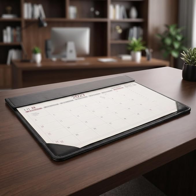 Kisangel Large Desk Blotter Calendar - 2027 PU Leather Computer Pad with Monthly Calendar - 17x12" Desk Mat for Home Office School Study