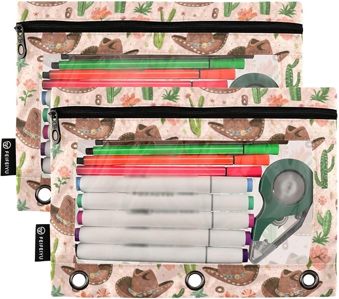 Binder Pencil Pouches Cowboy Hat and Cactus Pen Case | Clear Window 3 Rings, Cosmetic Bags School Office Supplies Cosmetic Makeup Bag 2 Psc