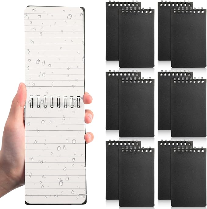 Geyoga 12 Pack Waterproof Small Notebooks 3" x 5" Top Spiral Notepads 100 Pages Mini Journals Pocket Notebooks Hardcover Memo Pads for Outdoor Work School (Black)