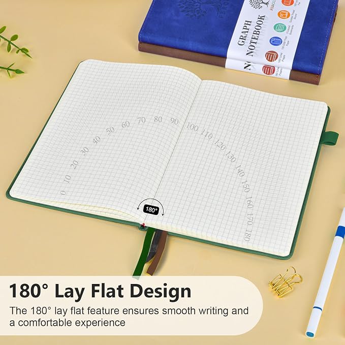 PERCUN A5 Graph Paper Notebook, Leather Journal, 160 Pages Grid Notebook | 5.9"x8.5" hardcover journal with quad ruled paper for work, school, writing, notes, journaling and daily planning.