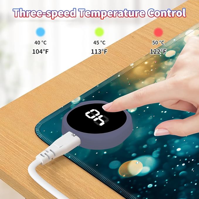 Heated Desk Pad Large Mouse Pad 23.6 x 14.1 inch with 3 Levels Heating & Auto Shut-Off Warm Mouse pad PU Leather Computer Mousepad for Home Office Work - Green Glitter