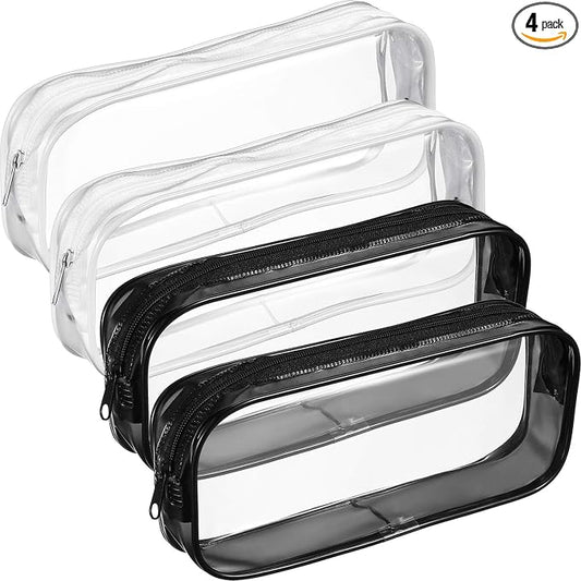 Tatuo 4 Pieces Clear PVC Bags Big Capacity Zipper Pencil Pouch Case Travel Luggage Makeup Cosmetic Bag(Black and White)