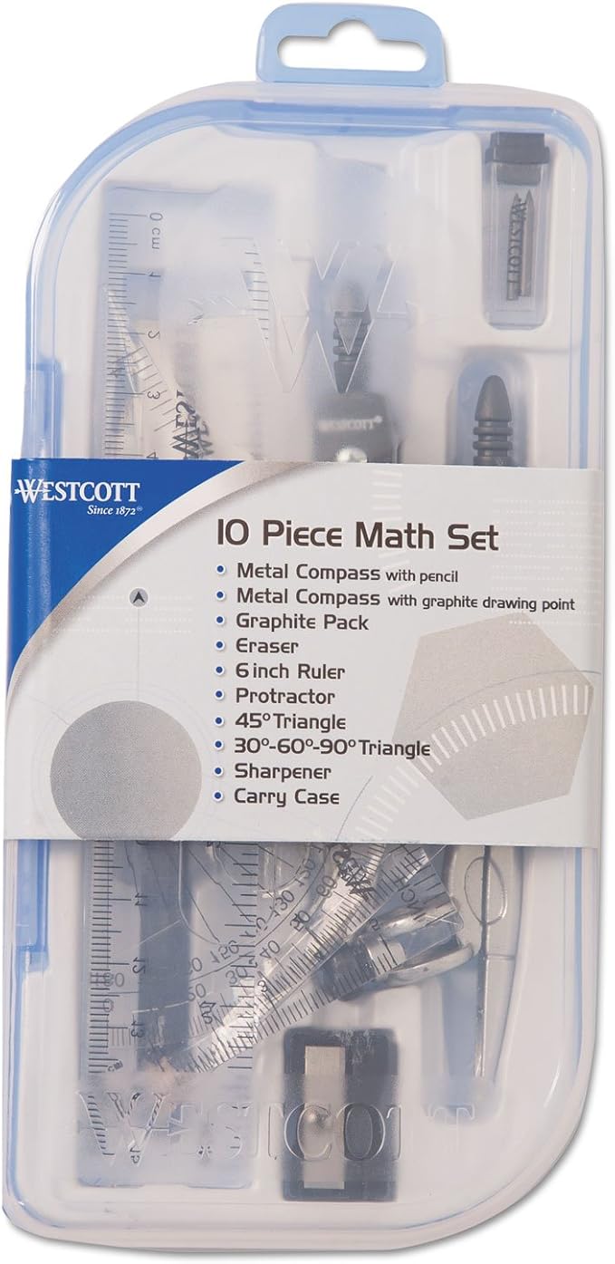 Westcott 10-Piece Math Set for Students, Includes 2 Compasses, Protractor & Ruler, Back to School, Classroom, School Supplies, Geometry Practice, Durable Storage Case