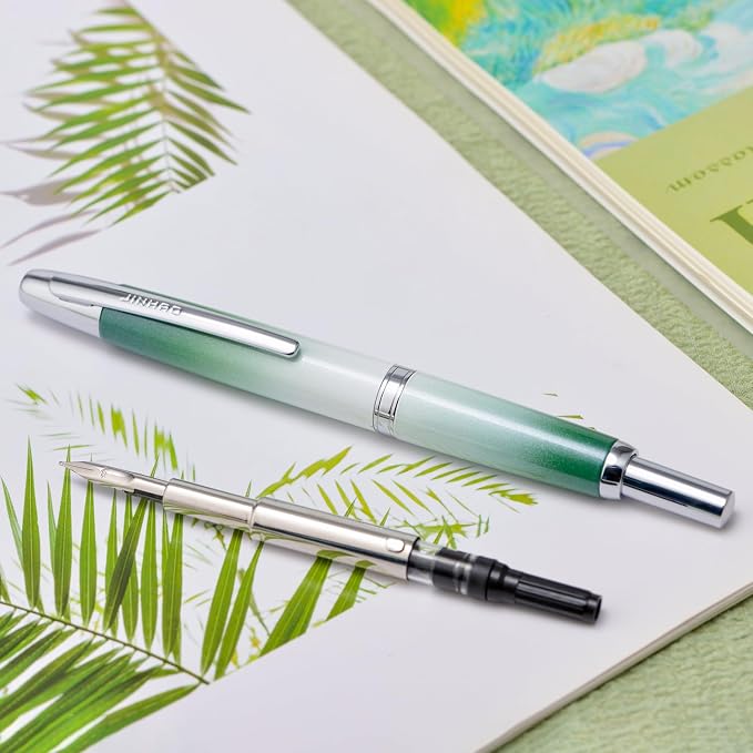 Jinhao 10 Press Fountain Pen with Box, Gradient Grass Green Retractable Fine Nib with Ink Converter Set (Silver Clip)