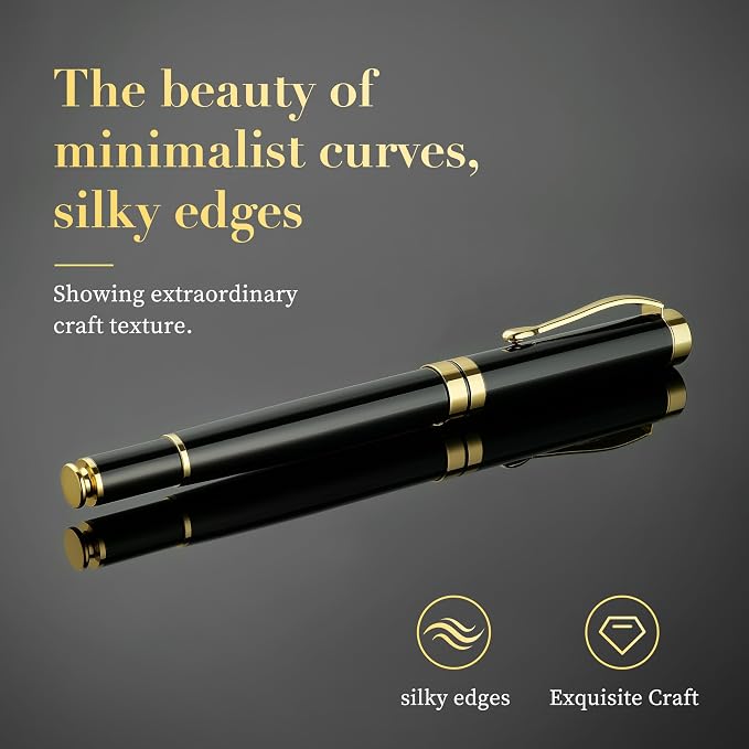 MCNTEIK Fountain Pen-Luxury Black and Gold Finish, 18K Gilded Nib(Medium), Smooth Ink Flow, Complete Set with 4 Black Ink Cartridges, Converter & Gift Box-Perfect Weight, Ideal for Office, Journaling