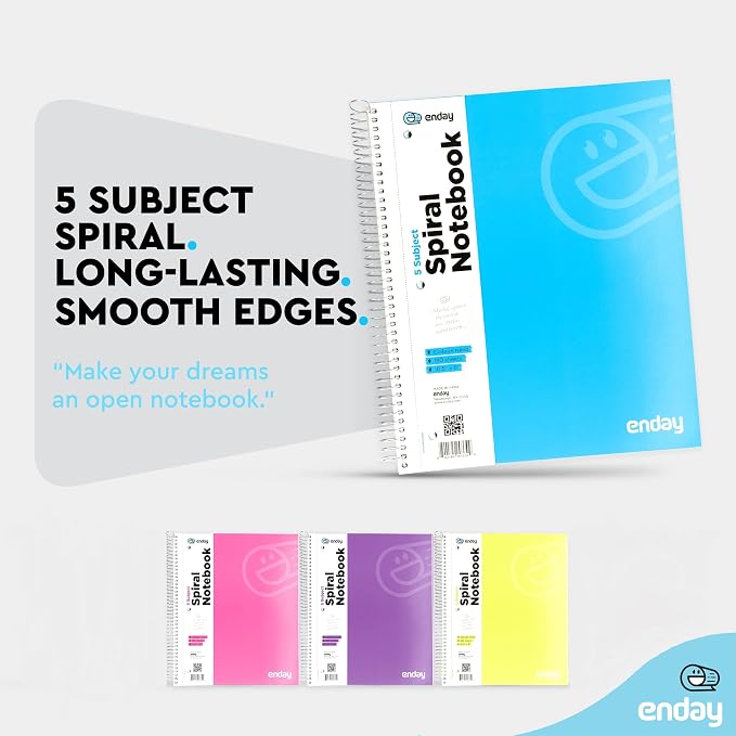 Emraw 5 Subject Notebook College Ruled Spiral White Paper 180 Sheets Perfect for Writing Sketching in class, Home, Office (Pack of 4)