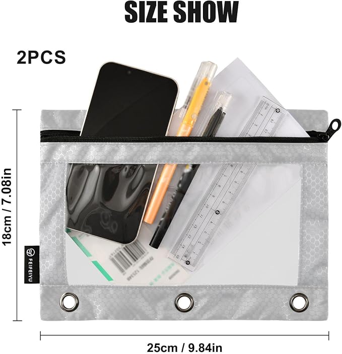 Gredecor Binder Pencil Pouch 3 Ring Grey Zipper Pencil Pouches Case 2 Pack Clear Binder Organizer for School Office