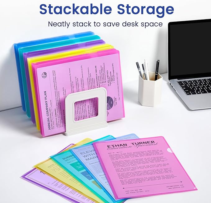 Sooez 50 Pack Clear Document Folder Project Pockets, Clear Plastic Folders Letter Size Plastic Document Folders Paper Poly Jacket Sleeves Folders Copy, 5 Assorted Colors