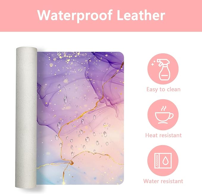 Britimes Teal Mauve Marble Desk Mat Watercolor Golden Purple Deak Pad Non-Slip PU Leather Large Keyboard Mouse Pad Office Desktop Accessories for Office,Work,Home Decor(31.5"X15.7")