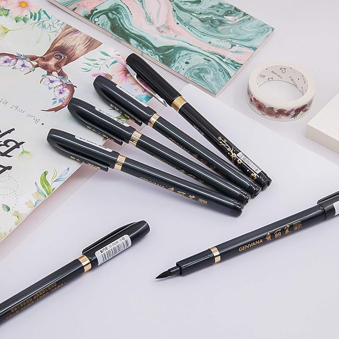 Hand Lettering Calligraphy Pens Brush Marker 4 Size Refillable 6pc | Writing, Painting, Drawing, Pack of 6 Black
