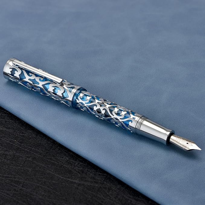 HONG DIAN D1 Piston Fountain Pen Extra Fine Soft Nib, Silver Blue Hollow Skeleton & Resin Pen with Metal Case Set
