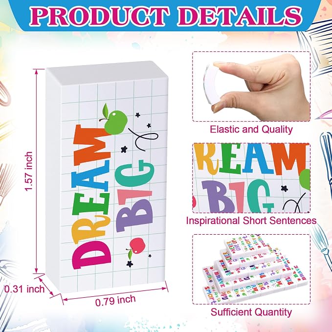 Dunzoom 100 Pcs Back to School Inspirational Pencil Erasers Bulk for Kids Fun Motivational Eraser School Office Supplies for Students Classroom Office Teacher Artists(Lovely)
