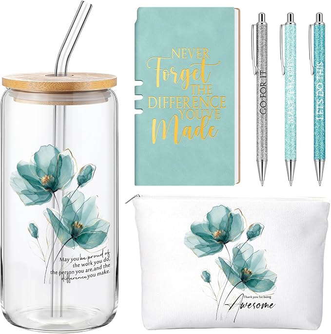Funnymoom 6 Pcs Appreciation Gifts Set for Women Back to School Teacher Gifts Employee Thank You Gift with 17 oz Glass Tumbler Journal Pens and Pouch for Coworkers Educators,Floral,Green