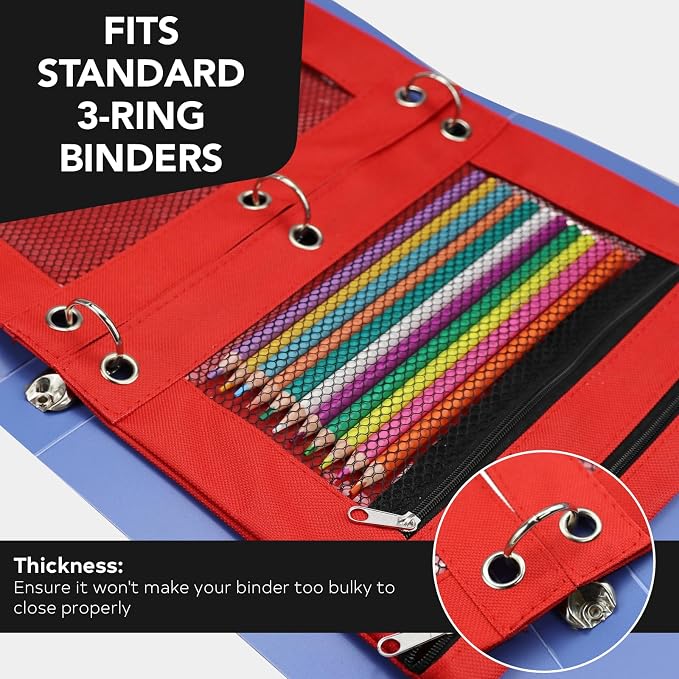 3 Ring Pencil Pouch for Binder, 2-Pocket Zipper Pencil Case with Clear Window & Mesh Pocket, 600D Oxford Fabric Binder Pouch for School Office Supplies, Fits Standard 3-Ring Binders, Red