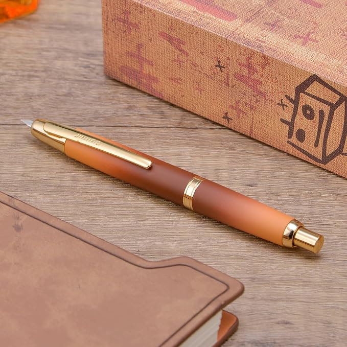 Jinhao 10 Press Fountain Pen with Box, Caramel Orange Gradient Retractable Medium Nib with Ink Converter Set (Golden Clip)