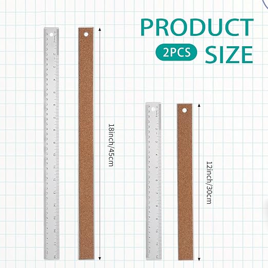 Metal Ruler 12 Inch 18 Inch Stainless Steel Ruler with Cork Backing, Non-Slip with Inch and Centimeters, Straight Edge Rulers for Student School Office Drafting Tools