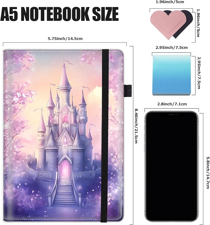 Hardcover Executive Notebooks, A5 PU Leather Lined Journal Notebook, 200 Pages Thick Paper Subject Notebooks for School,Work,Home Writing Business Notebook, Diary Book ，Pink Castle