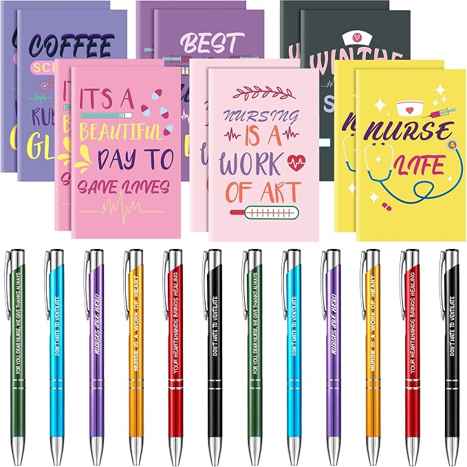 Geyee 24 Pcs Mini Motivational Pens Inspirational Notepads Bulk Appreciation Gifts Small Journals Funny Ballpoint Pen Set Prizes Men Women Office Travel Party Favors(Nurse)