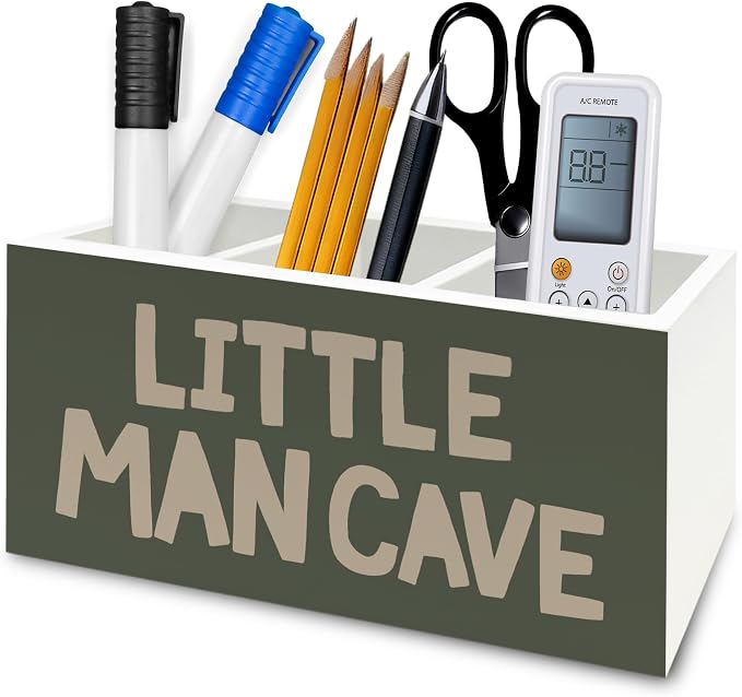 Boy Nursery Green Pen Pencil Holder Organizer for Desk, Little Man Cave Wooden Box Signs Decorations for Kids Room Bedroom Playroom Classroom Desk Tabletop, Boy Room Decor