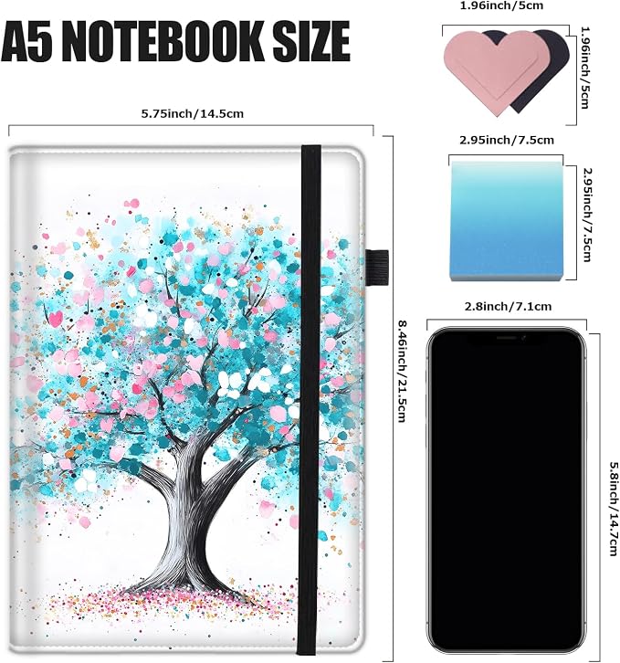 Hardcover Executive Notebooks, A5 PU Leather Lined Journal Notebook, 200 Pages Thick Paper Subject Notebooks for School,Work,Home Writing Business Notebook, Diary Book ，Green Tree