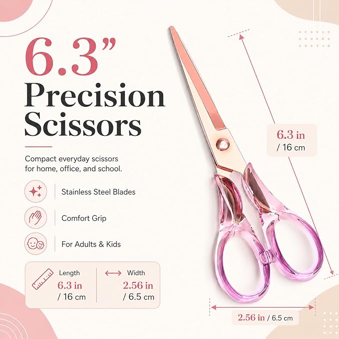 Aesthetic Purple Transparent Acrylic Scissors, 6.3" Craft Shears with Gold Sharp Stainless Steel Blades for Home Office & School, Cute Stationery Tools for Scrapbooking & Gift Wrapping