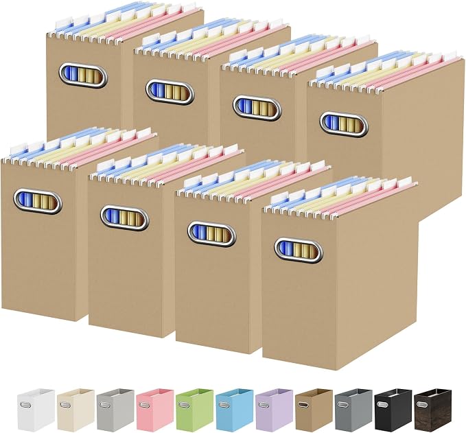 Oterri File Organizer Box, Portable Collapsible Cardboard File Folder Organizer with Handle for Letter Size Hanging Files, Document Storage Box for Home Office & Classroom (8 Packs, Brown)