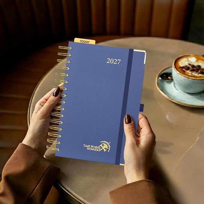 POPRUN 2027 Daily Planner One Page Per Day, 5.75" x 8.5", Calendar Book from Jan 2027 - Dec 2027, Hardcover Appointment Book with Hourly Time Slots, Spiral Bound, Monthly Tabs - Navy Blue