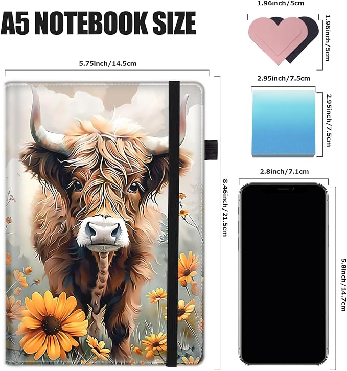 Hardcover Executive Notebooks, A5 PU Leather Lined Journal Notebook, 200 Pages Thick Paper Subject Notebooks for School,Work,Home Writing Business Notebook, Diary Book ，Cute Baby Highland Cattle