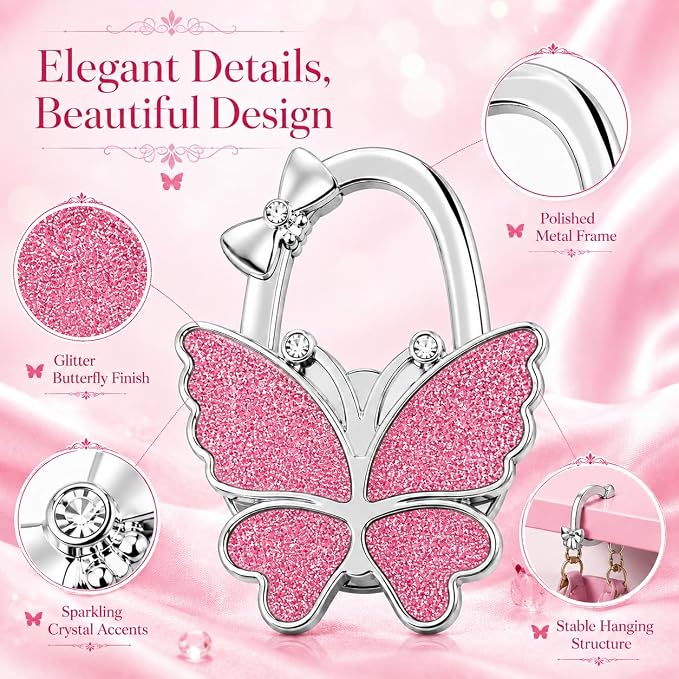 Purse Hook for Table, Foldable Handbag Hanger Holder for Women | Portable Bag Holder with Non-Slip Base, Cute Pink Glitter Butterfly Purse Table Hook for Restaurant Office Travel Gift