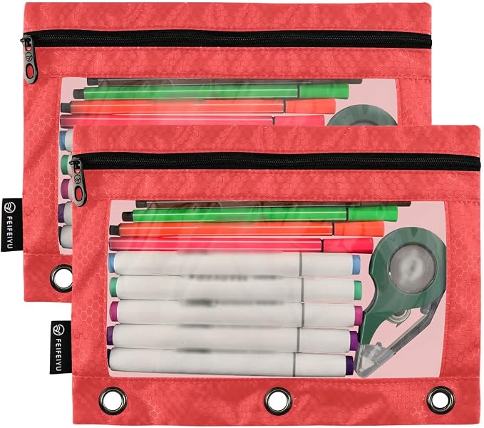 Gredecor Binder Pencil Pouch 3 Ring Red Zipper Pencil Pouches Case 2 Pack Clear Binder Organizer for School Office