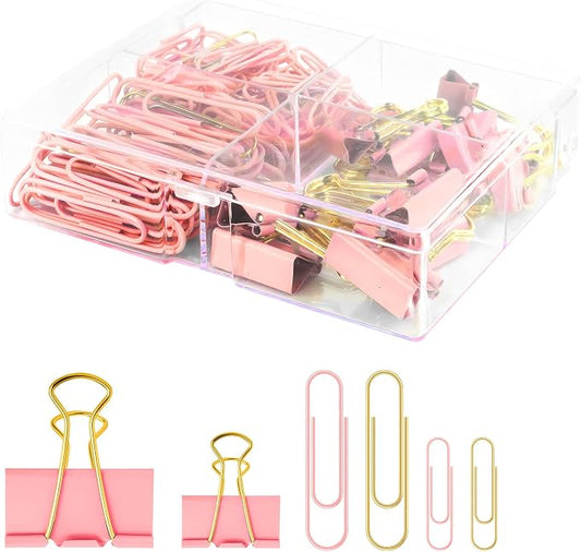 Pink and Gold Paper Clips Binder Clips Set with Storage Box, 165 Psc, Assorted Size Decorative Office Clips, Cute Desk Accessories for School, Home Office, Planner, Journal and Documents