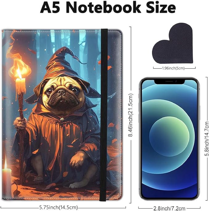 A5 Leather Lined Journal Notebook, 200 Pages Hardcover Executive Notebook for Men Women Office School Note Taking, Thick Writing Paper Daily Journal with Bookmarks/Indexes, Pug Wizard