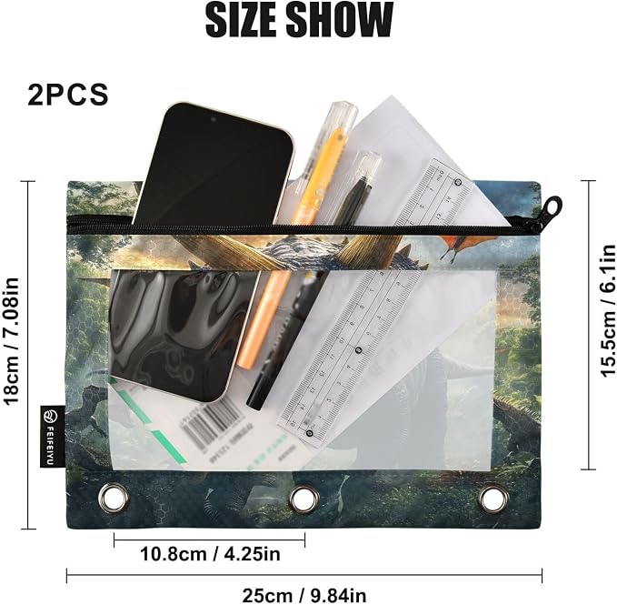 Triceratops Dinosaur Pencil Pouch for 3 Ring Binder 2 Pack Zipper Binder Pencil Bag with Clear Window Pencil Case for Office Supplies