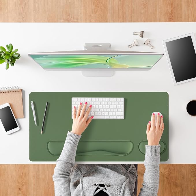 Green Leather Desk Pad and Keyboard Wrist Rest, 3in1 Mouse Pad + Keyboard Wrist Rest + Mouse Wrist Rest, Non-Slip Waterproof Desk Writing Pad for Office and Home (27.6"×13.8")