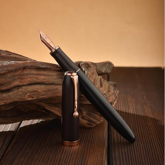 HONG DIAN A10 Fountain Pen, Fine Soft Nib Black Ebony Wood with Magnetic Cap Design and Metal Case Set
