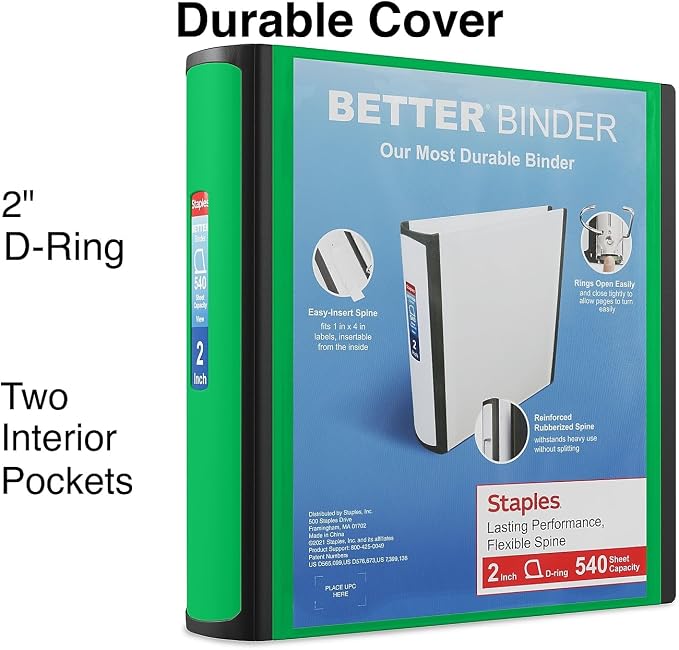 Staples Heavy-Duty 2-Inch D-Ring Binder, Green – Large Capacity 3-Ring Binder with Pockets, Holds Up to 540 Sheets