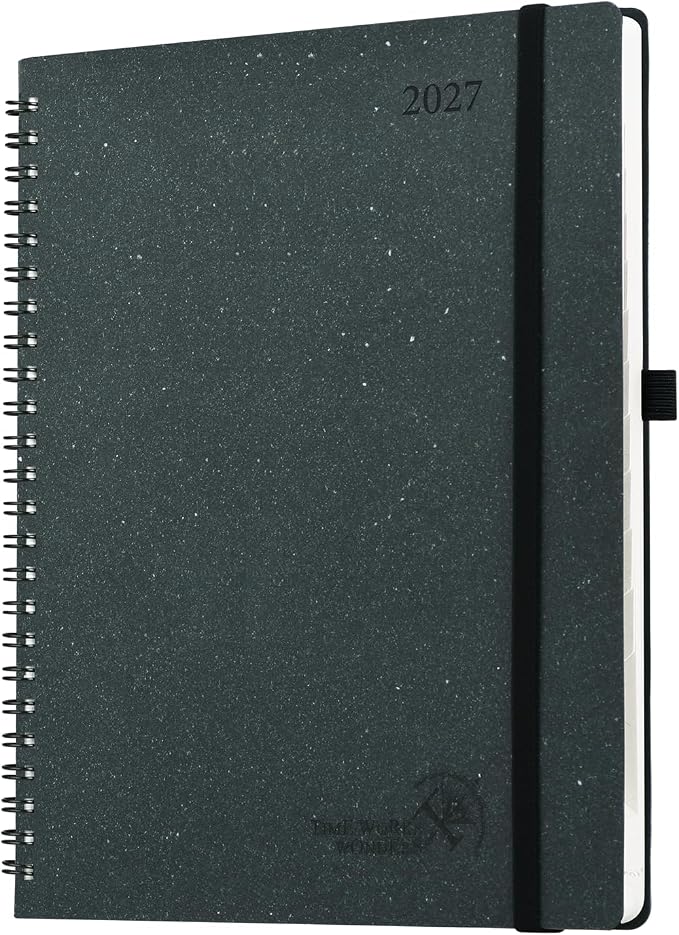 POPRUN 2027 Planner,8.5''x10.5'' Recycled Paper Weekly and Monthly Calendar | Daily Calendar Book with Italian Regenrated Leather, Appointment Book with Hourly Time Slots, Pen Holder - Black Grey