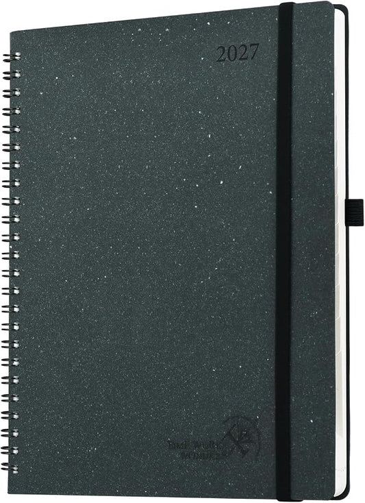 POPRUN 2027 Planner,8.5''x10.5'' Recycled Paper Weekly and Monthly Calendar | Daily Calendar Book with Italian Regenrated Leather, Appointment Book with Hourly Time Slots, Pen Holder - Black Grey