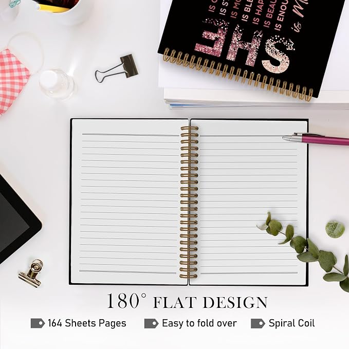 She Is Me Inspirational Spiral Notebook, Rose Gold Self Care Journal Notebook, Positive Notebooks for School Work, Self Love Office Supplies Gifts for Women Girls, 5.5x8.3 Inch