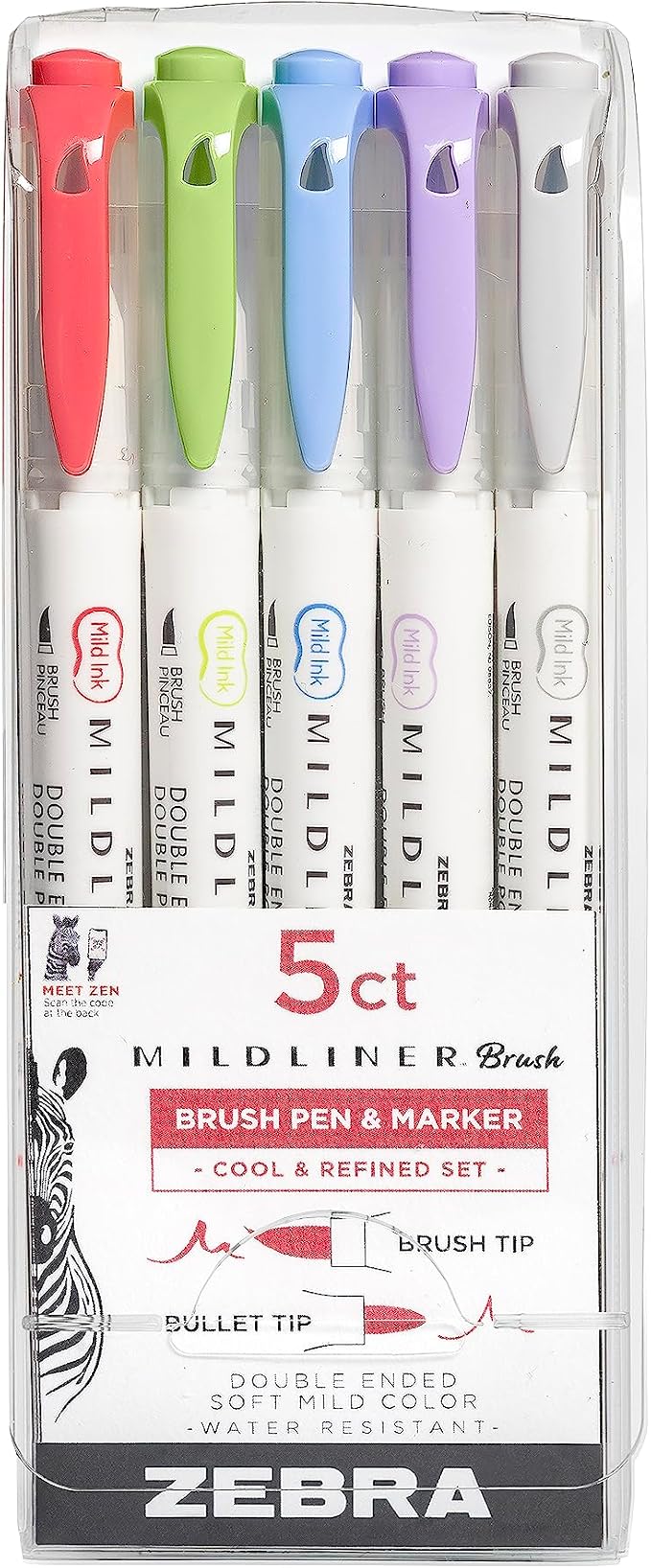 Zebra Pen MILDLINER No Bleed Brush Pen, Assorted Cool, Dual Tip, 5-Pack