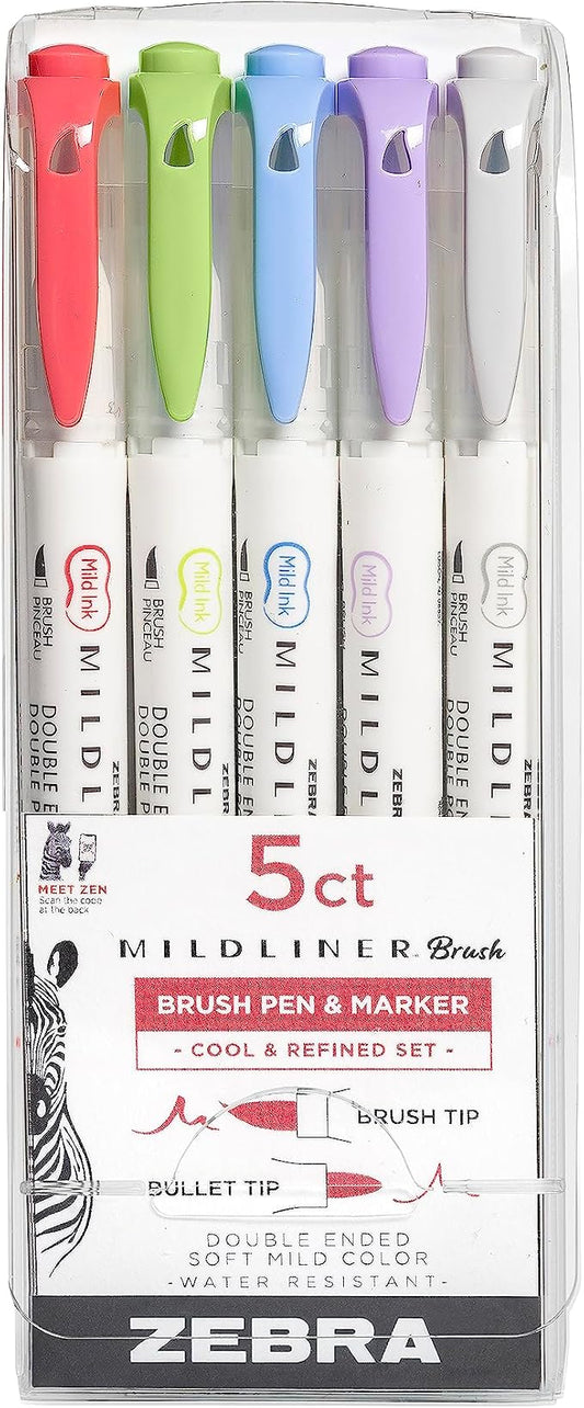 Zebra Pen MILDLINER No Bleed Brush Pen, Assorted Cool, Dual Tip, 5-Pack